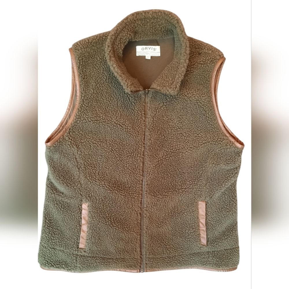 Orvis Sherpa Vest Mens XL Olive Green Leather Trim Full Zip Outdoor Workwear